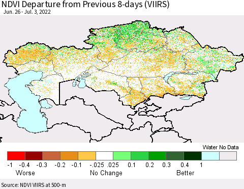 Kazakhstan NDVI Departure from Previous 8-days (VIIRS) Thematic Map For 6/26/2022 - 7/3/2022