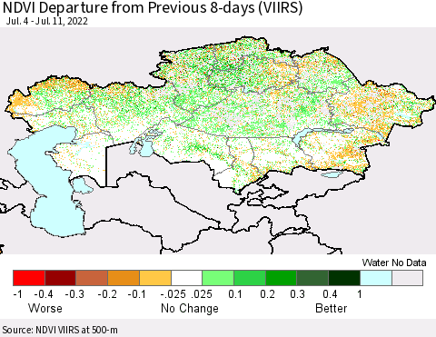 Kazakhstan NDVI Departure from Previous 8-days (VIIRS) Thematic Map For 7/4/2022 - 7/11/2022