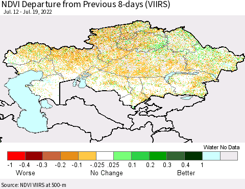 Kazakhstan NDVI Departure from Previous 8-days (VIIRS) Thematic Map For 7/12/2022 - 7/19/2022