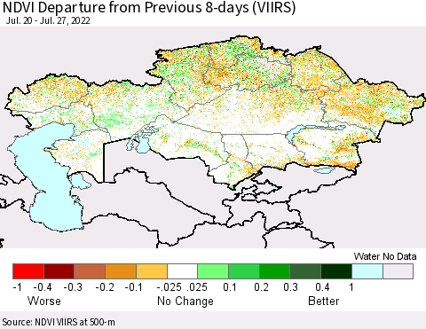 Kazakhstan NDVI Departure from Previous 8-days (VIIRS) Thematic Map For 7/20/2022 - 7/27/2022