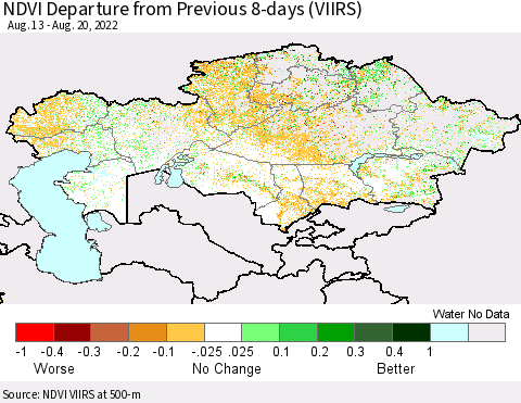 Kazakhstan NDVI Departure from Previous 8-days (VIIRS) Thematic Map For 8/13/2022 - 8/20/2022