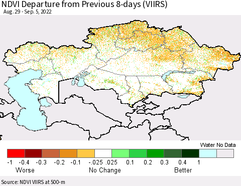 Kazakhstan NDVI Departure from Previous 8-days (VIIRS) Thematic Map For 8/29/2022 - 9/5/2022
