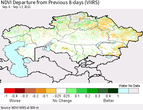 Kazakhstan NDVI Departure from Previous 8-days (VIIRS) Thematic Map For 9/6/2022 - 9/13/2022