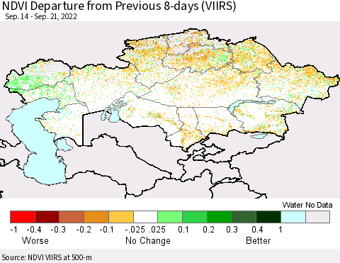 Kazakhstan NDVI Departure from Previous 8-days (VIIRS) Thematic Map For 9/14/2022 - 9/21/2022