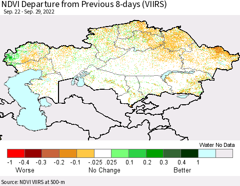 Kazakhstan NDVI Departure from Previous 8-days (VIIRS) Thematic Map For 9/22/2022 - 9/29/2022