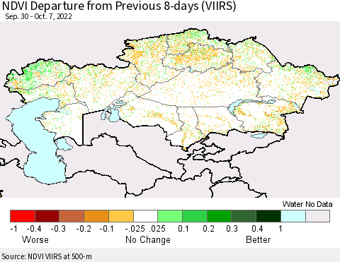 Kazakhstan NDVI Departure from Previous 8-days (VIIRS) Thematic Map For 9/30/2022 - 10/7/2022