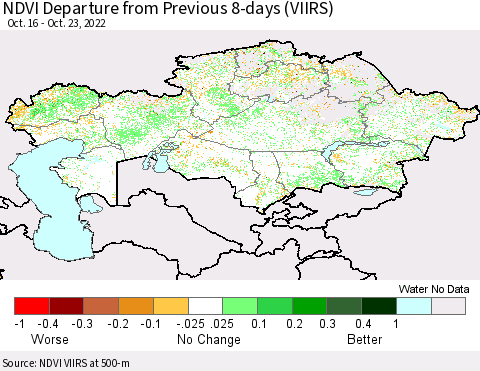 Kazakhstan NDVI Departure from Previous 8-days (VIIRS) Thematic Map For 10/16/2022 - 10/23/2022