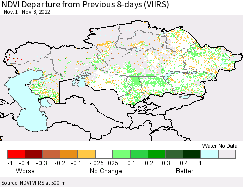 Kazakhstan NDVI Departure from Previous 8-days (VIIRS) Thematic Map For 11/1/2022 - 11/8/2022