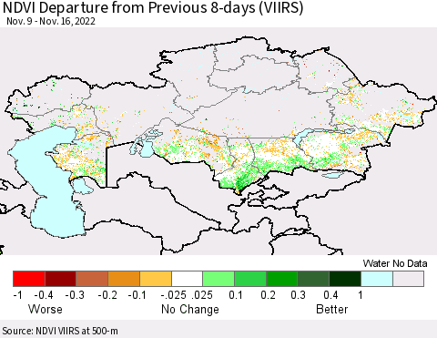 Kazakhstan NDVI Departure from Previous 8-days (VIIRS) Thematic Map For 11/9/2022 - 11/16/2022