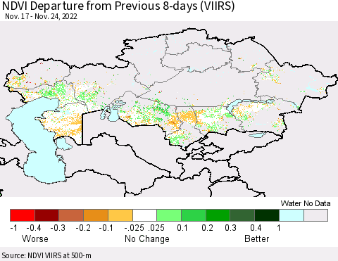 Kazakhstan NDVI Departure from Previous 8-days (VIIRS) Thematic Map For 11/17/2022 - 11/24/2022