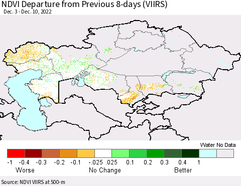 Kazakhstan NDVI Departure from Previous 8-days (VIIRS) Thematic Map For 12/3/2022 - 12/10/2022