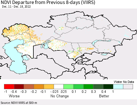Kazakhstan NDVI Departure from Previous 8-days (VIIRS) Thematic Map For 12/11/2022 - 12/18/2022