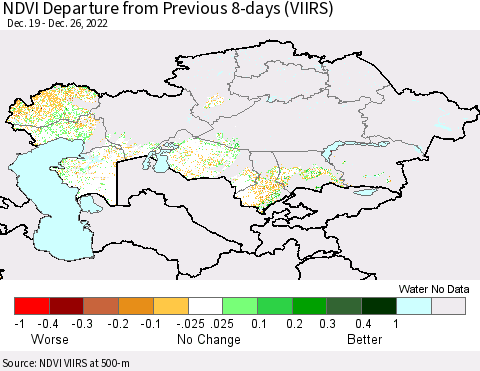 Kazakhstan NDVI Departure from Previous 8-days (VIIRS) Thematic Map For 12/19/2022 - 12/26/2022