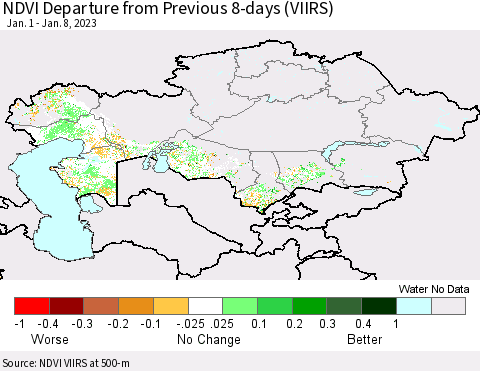 Kazakhstan NDVI Departure from Previous 8-days (VIIRS) Thematic Map For 1/1/2023 - 1/8/2023