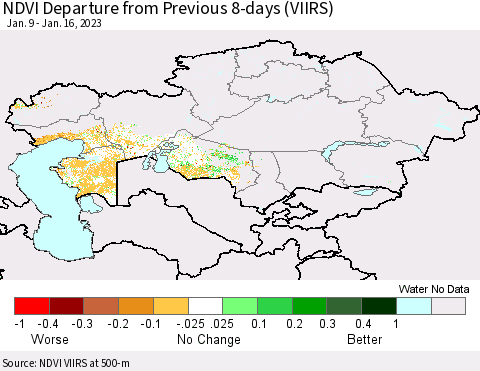 Kazakhstan NDVI Departure from Previous 8-days (VIIRS) Thematic Map For 1/9/2023 - 1/16/2023