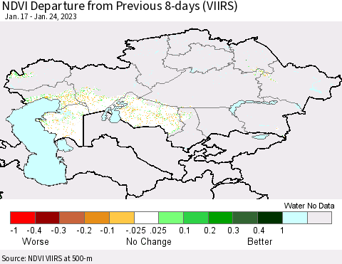 Kazakhstan NDVI Departure from Previous 8-days (VIIRS) Thematic Map For 1/17/2023 - 1/24/2023