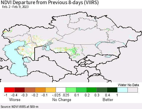 Kazakhstan NDVI Departure from Previous 8-days (VIIRS) Thematic Map For 2/2/2023 - 2/9/2023