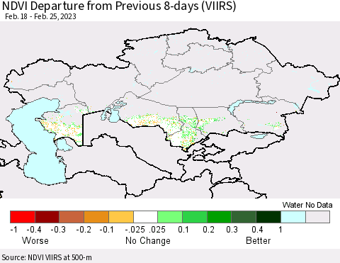 Kazakhstan NDVI Departure from Previous 8-days (VIIRS) Thematic Map For 2/18/2023 - 2/25/2023