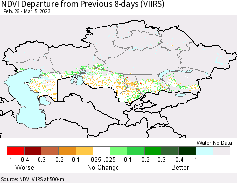 Kazakhstan NDVI Departure from Previous 8-days (VIIRS) Thematic Map For 2/26/2023 - 3/5/2023