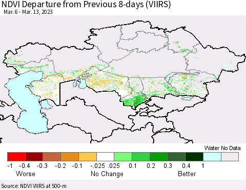 Kazakhstan NDVI Departure from Previous 8-days (VIIRS) Thematic Map For 3/6/2023 - 3/13/2023