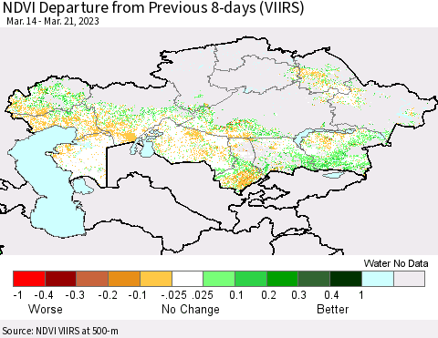 Kazakhstan NDVI Departure from Previous 8-days (VIIRS) Thematic Map For 3/14/2023 - 3/21/2023