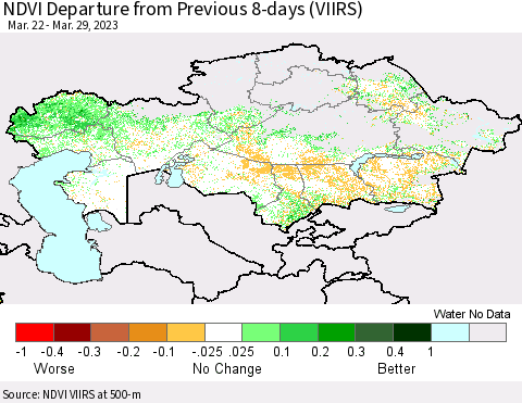 Kazakhstan NDVI Departure from Previous 8-days (VIIRS) Thematic Map For 3/22/2023 - 3/29/2023