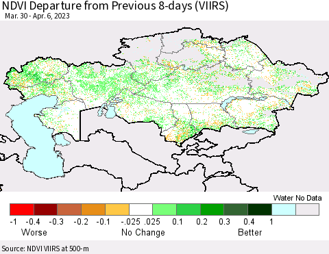 Kazakhstan NDVI Departure from Previous 8-days (VIIRS) Thematic Map For 3/30/2023 - 4/6/2023