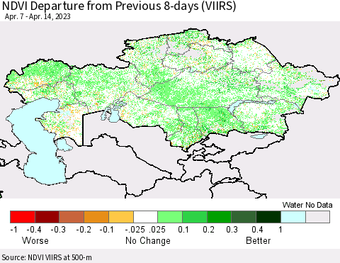 Kazakhstan NDVI Departure from Previous 8-days (VIIRS) Thematic Map For 4/7/2023 - 4/14/2023