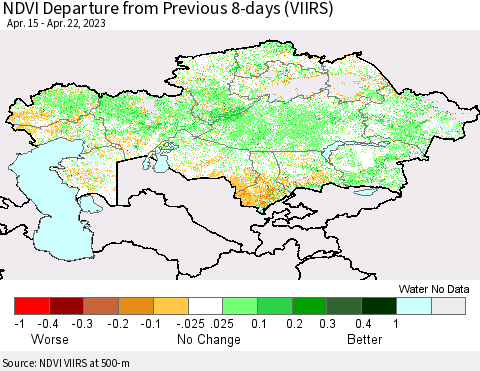 Kazakhstan NDVI Departure from Previous 8-days (VIIRS) Thematic Map For 4/15/2023 - 4/22/2023