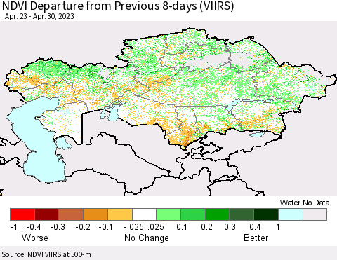 Kazakhstan NDVI Departure from Previous 8-days (VIIRS) Thematic Map For 4/23/2023 - 4/30/2023