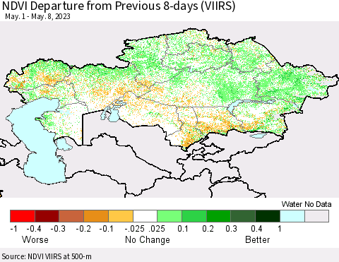 Kazakhstan NDVI Departure from Previous 8-days (VIIRS) Thematic Map For 5/1/2023 - 5/8/2023