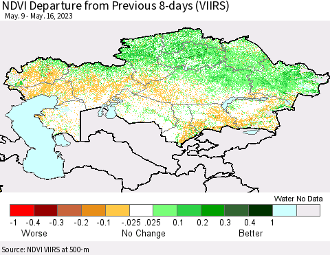 Kazakhstan NDVI Departure from Previous 8-days (VIIRS) Thematic Map For 5/9/2023 - 5/16/2023