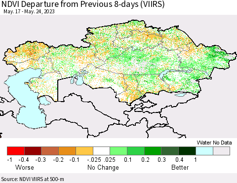 Kazakhstan NDVI Departure from Previous 8-days (VIIRS) Thematic Map For 5/17/2023 - 5/24/2023