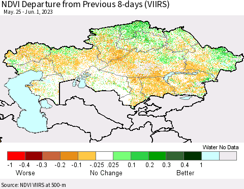 Kazakhstan NDVI Departure from Previous 8-days (VIIRS) Thematic Map For 5/25/2023 - 6/1/2023