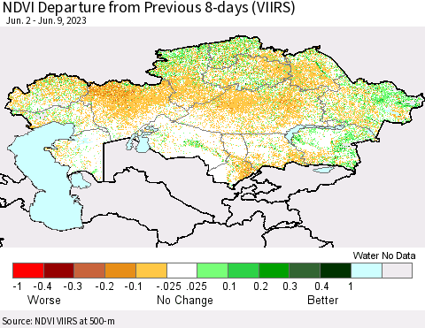 Kazakhstan NDVI Departure from Previous 8-days (VIIRS) Thematic Map For 6/2/2023 - 6/9/2023
