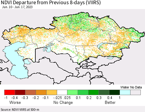 Kazakhstan NDVI Departure from Previous 8-days (VIIRS) Thematic Map For 6/10/2023 - 6/17/2023