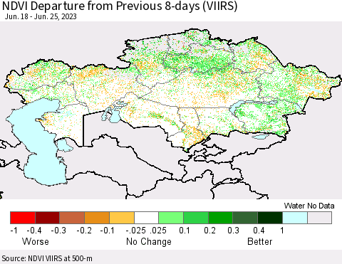 Kazakhstan NDVI Departure from Previous 8-days (VIIRS) Thematic Map For 6/18/2023 - 6/25/2023