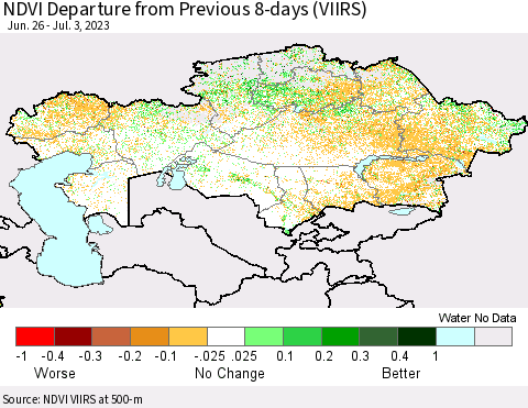 Kazakhstan NDVI Departure from Previous 8-days (VIIRS) Thematic Map For 6/26/2023 - 7/3/2023