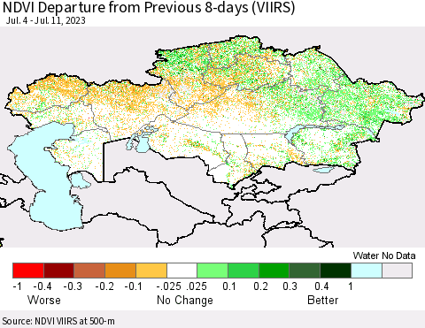Kazakhstan NDVI Departure from Previous 8-days (VIIRS) Thematic Map For 7/4/2023 - 7/11/2023