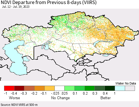 Kazakhstan NDVI Departure from Previous 8-days (VIIRS) Thematic Map For 7/12/2023 - 7/19/2023