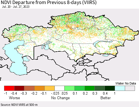 Kazakhstan NDVI Departure from Previous 8-days (VIIRS) Thematic Map For 7/20/2023 - 7/27/2023