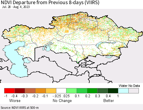 Kazakhstan NDVI Departure from Previous 8-days (VIIRS) Thematic Map For 7/28/2023 - 8/4/2023