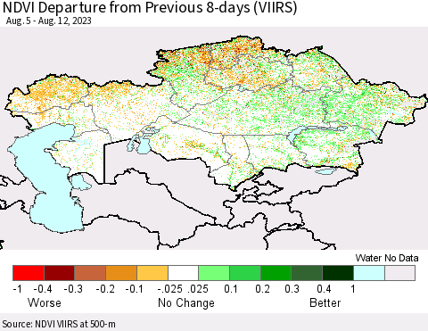 Kazakhstan NDVI Departure from Previous 8-days (VIIRS) Thematic Map For 8/5/2023 - 8/12/2023