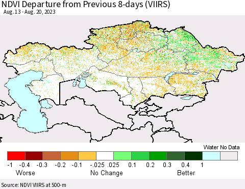 Kazakhstan NDVI Departure from Previous 8-days (VIIRS) Thematic Map For 8/13/2023 - 8/20/2023
