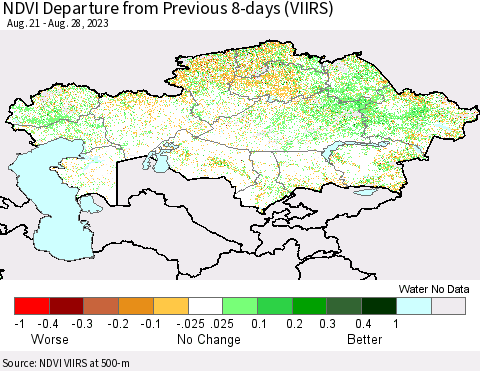 Kazakhstan NDVI Departure from Previous 8-days (VIIRS) Thematic Map For 8/21/2023 - 8/28/2023
