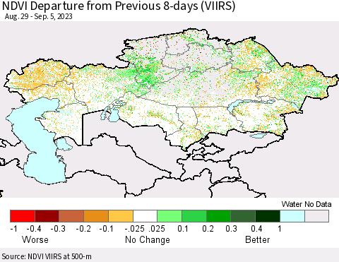 Kazakhstan NDVI Departure from Previous 8-days (VIIRS) Thematic Map For 8/29/2023 - 9/5/2023