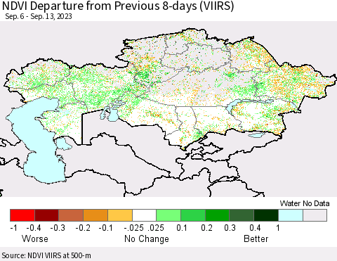 Kazakhstan NDVI Departure from Previous 8-days (VIIRS) Thematic Map For 9/6/2023 - 9/13/2023
