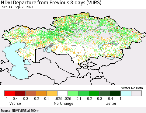 Kazakhstan NDVI Departure from Previous 8-days (VIIRS) Thematic Map For 9/14/2023 - 9/21/2023