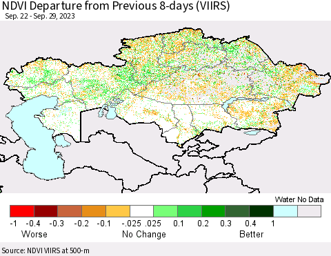 Kazakhstan NDVI Departure from Previous 8-days (VIIRS) Thematic Map For 9/22/2023 - 9/29/2023
