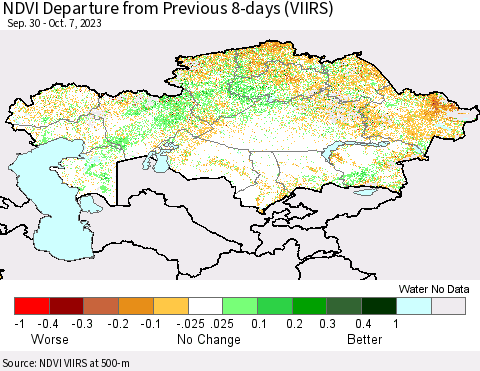 Kazakhstan NDVI Departure from Previous 8-days (VIIRS) Thematic Map For 9/30/2023 - 10/7/2023